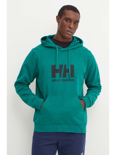 Памучен суичър Helly Hansen HH LOGO в зелено с качулка с принт 30394