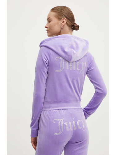 Кадифен суичър Juicy Couture MADISON HOODIE в лилаво с качулка с апликация JCWA122001