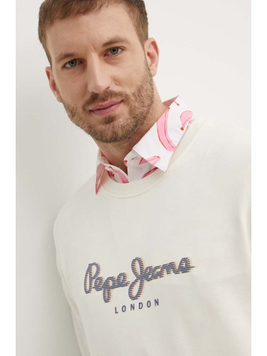 Памучен суичър Pepe Jeans SAUL CREW в бежово с принт PM582702