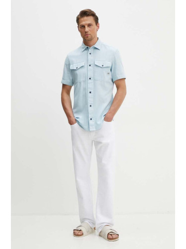 Памучна риза G-Star мъжка в синьо с кройка по тялото с класическа яка D19751-D454