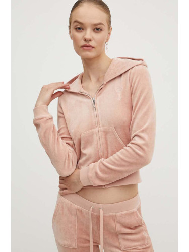 Кадифен суичър Juicy Couture HERITAGE ROBYN HOODIE в бежово с качулка с изчистен дизайн JCSEBJ007