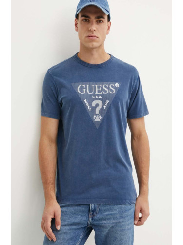 Памучна тениска Guess в тъмносиньо с апликация M4YI05 I3Z14