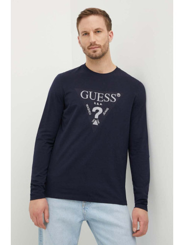 Памучна блуза с дълги ръкави Guess в тъмносиньо с апликация M4YI06 I3Z14