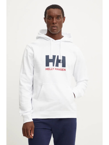 Памучен суичър Helly Hansen HH LOGO в бяло с качулка с принт 30394