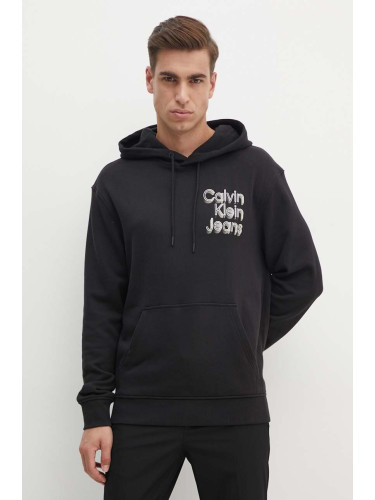 Памучен суичър Calvin Klein Jeans в черно с качулка с принт J30J325927