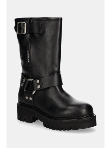 Кожени боти Tommy Jeans TJW URBAN BIKER BOOT LEATHER в черно с платформа EN0EN02728