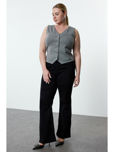 Trendyol Curve Gray Striped V Neck Knitted Plus Size Vest