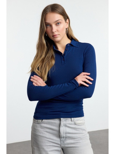 Trendyol Navy Blue Button Collar Fitted Regular/Normal Length Knitted Blouse