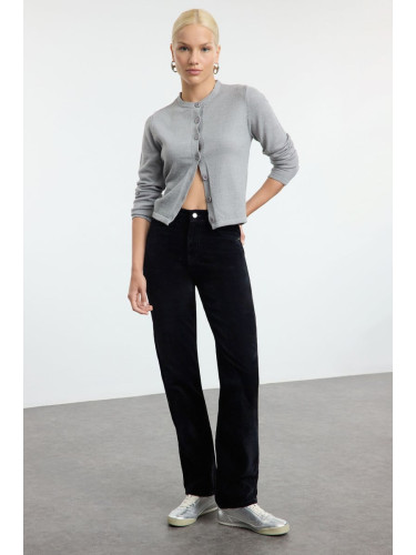 Trendyol Black Suede Look High Waist Straight Jeans