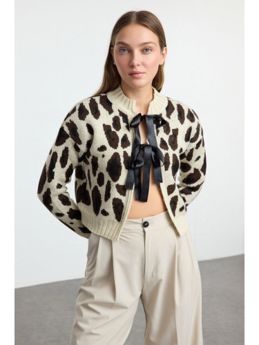 Trendyol Stone Leopard Patterned Crop Knitwear Cardigan