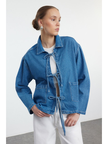 Trendyol Dark Blue Lacing Detailed Oversize Denim Jacket