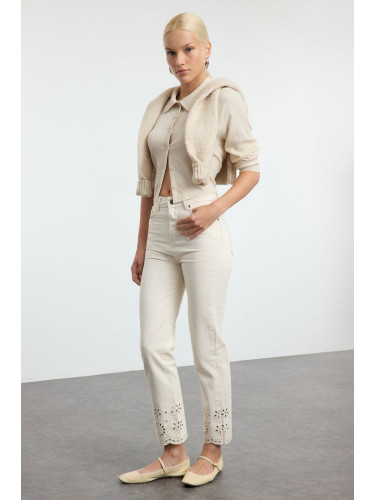 Trendyol Ecru Embroidered High Waist Straight Trousers