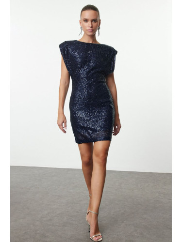 Trendyol Navy Blue Shiny Knitted Sequin Short Dress