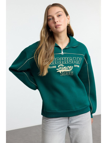 Trendyol Emerald Green Zippered Printed Oversize Thick Inside Fleece Knitted Sweatshirt