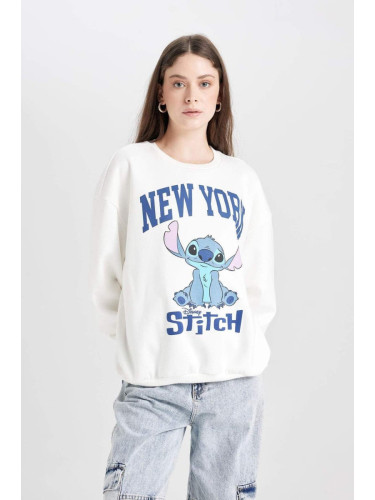 DEFACTO Women's White Cool Disney Lilo & Stitch Wide Cut Crew Neck Printed Sweatshirt D4812ax24wn