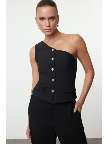 Trendyol Black Stone Button Detailed Single Shoulder Lined Woven Vest