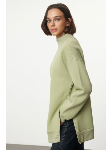 Trendyol Mint Oversize / Wide Fit Zippered Stand Collar Thick Inside Fleece Knitted Sweatshirt