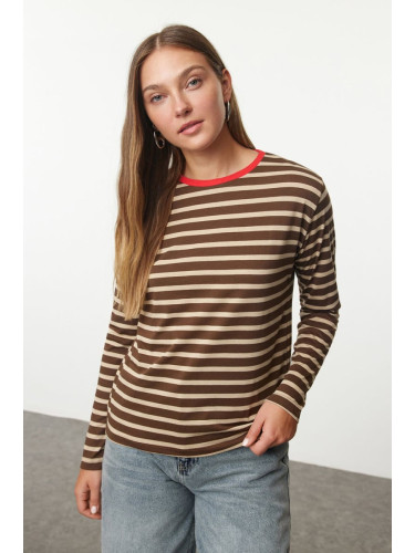 Trendyol Brown-Stone Striped Collar Colorful Ribbed Striped Basic Knitted T-shirt