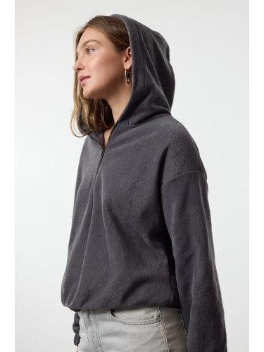 Trendyol Anthracite Hooded Regular/Normal Pattern Polar Fleece Zippered Collar Knitted Sweatshirt