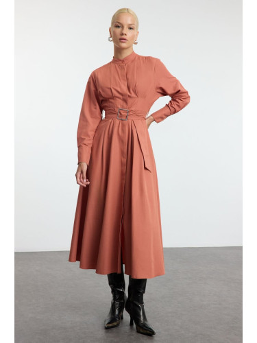 Trendyol Cinnamon Belt Pleat Detailed Woven Dress