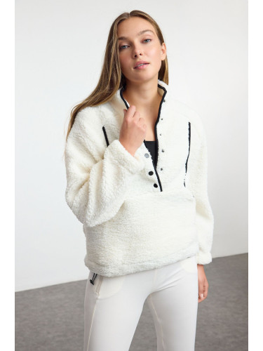 Trendyol White Snap Closure Plush Knitted Sports Sweatshirt