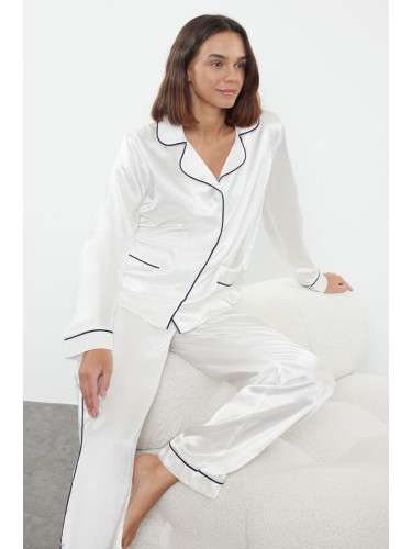 Trendyol Ecru Piping Detailed Satin Woven Pajama Set