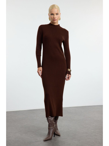 Trendyol Dark Brown Basic Stand Collar Knit Dress