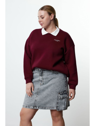 Trendyol Curve Claret Red Embroidered Inside Collar Pullover Large Pattern Plus Size Knitted Sweatshirt