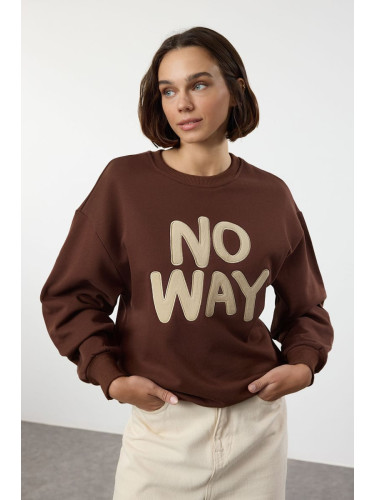 Trendyol Brown Slogan Embroidered Regular/Normal Fit Crew Neck Thick Knitted Sweatshirt