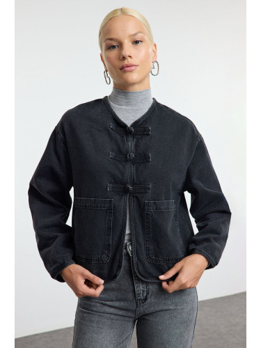 Trendyol Black Front Tie Oversize Denim Jacket