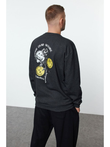 Trendyol Anthracite Smiley License Unisex Oversize/Wide Cut Sweatshirt