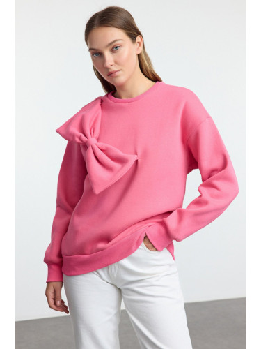 Trendyol Pink Thin Crew Neck Ribbon Detailed Oversize/Comfortable Fit Knitted Sweatshirt