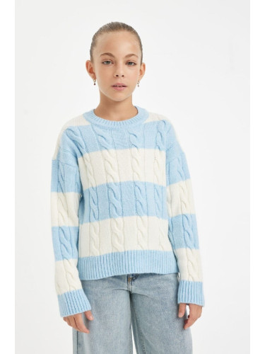 DEFACTO Girl Light Blue Striped Regular Fit Crew Neck Hair Knitted Sweater