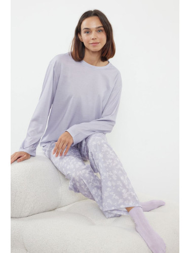 Trendyol Lilac Cotton Floral Knitted Pajama Set