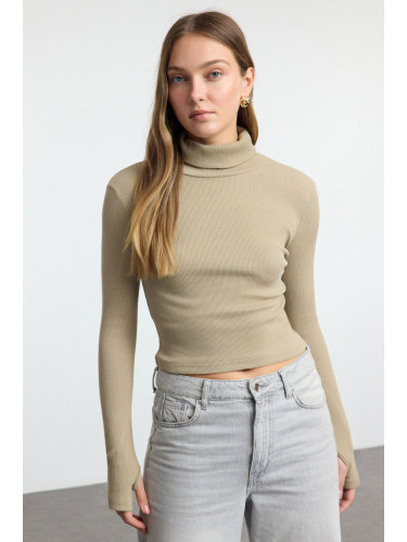 Trendyol Stone Fitted Turtleneck Finger Detailed Ribbed Stretchy Knitted Blouse