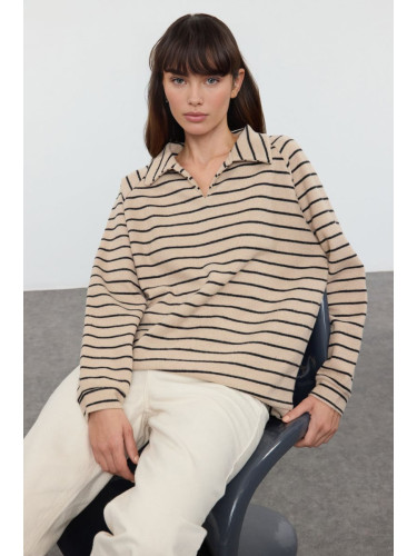 Trendyol Beige*001 Striped Oversize/Wide Pattern Thessaloniki Polo Collar Knitted Sweatshirt