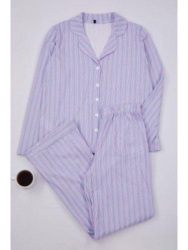 Trendyol Lilac-Multicolored 100% Cotton Striped Shirt-Pants Knitted Pajama Set