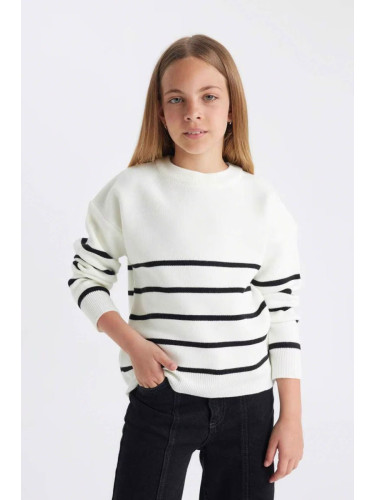 DEFACTO Girl Ecru Striped Crew Neck Knitwear School Sweater