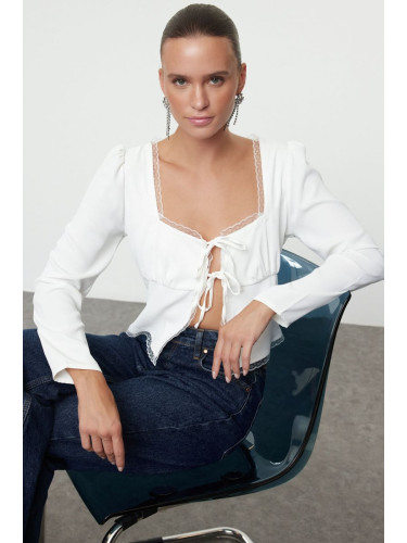 Trendyol White Tie Detail Crop Woven Blouse