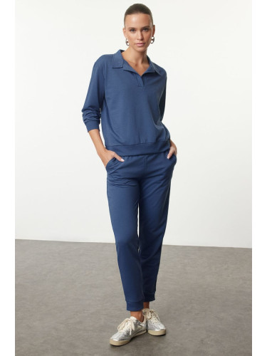 Trendyol Indigo Regular/Normal Pattern Polo Neck Thin Knitted Tracksuit Set