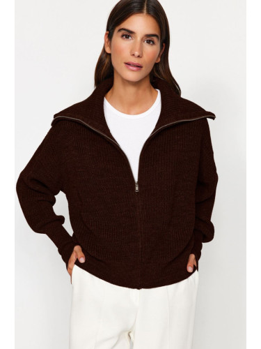 Trendyol Dark Brown Wide Pattern Turn-down Collar Zippered Knitwear Cardigan