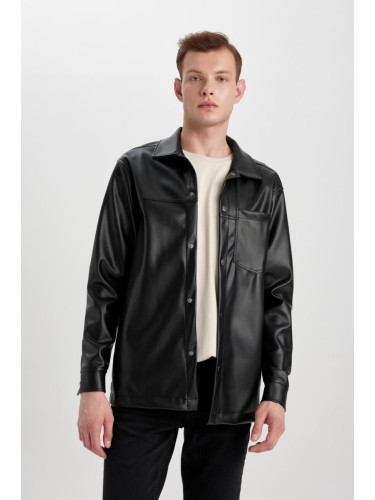 DEFACTO Relax Fit Leather Long Sleeve Shirt