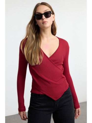 Trendyol Claret Red Fitted Double Breasted Neck Long Sleeve Ribbed Stretchy Knitted Blouse