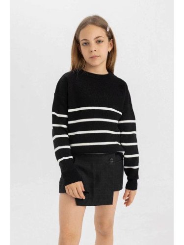 DEFACTO Girl Black Striped Crew Neck Knitwear School Sweater