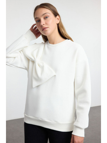 Trendyol Ecru Thin Crew Neck Ribbon Detailed Oversize/Comfortable Cut Knitted Sweatshirt