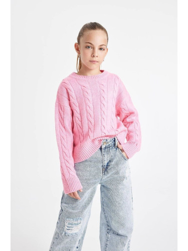 DEFACTO Girl Light Pink Regular Fit Crew Neck Hair Knitted Sweater