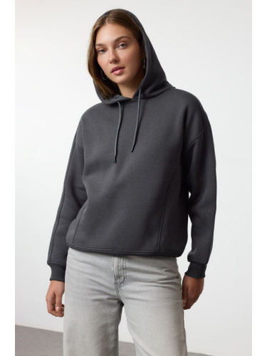 Trendyol Anthracite Oversize Thick Fleece Lined Hooded Knitted Sweatshirt