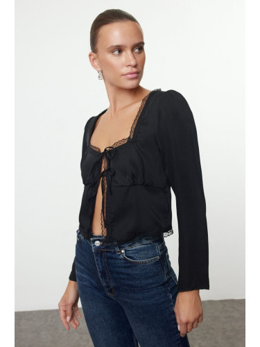 Trendyol Black Tie Detail Crop Woven Blouse