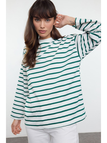 Trendyol Green Striped Oversize/Wide Cut Crew Neck Thin Knitted Sweatshirt