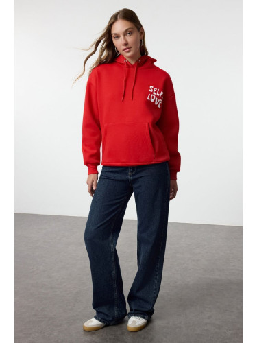 Trendyol Red Back Print Detailed Oversize/Wide Fit Thick Inside Fleece Knitted Sweatshirt